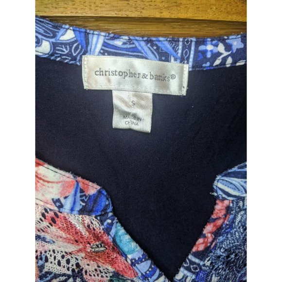 CJ Banks Size S Lace Lined Body Stretch Knit Top Blouse Shirt Floral Blue Boho - Picture 3 of 5